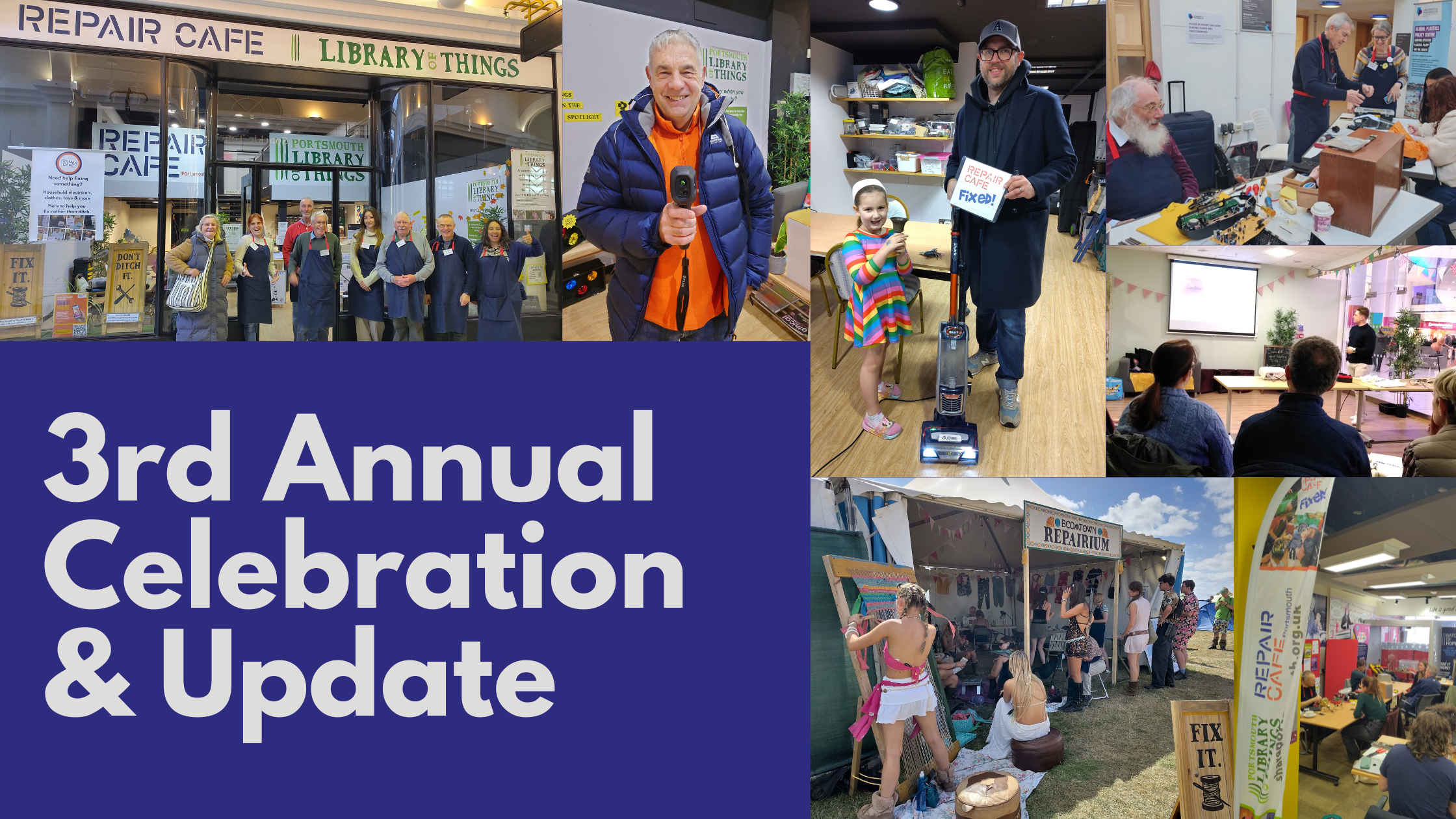 Images from our work this year - external view of new hub, man holding item, external events